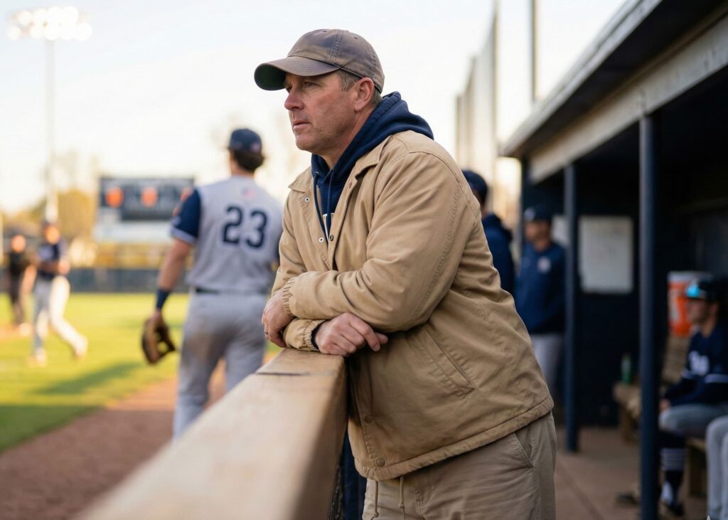 baseball coach leaning on dugout rail in tan coach jacket