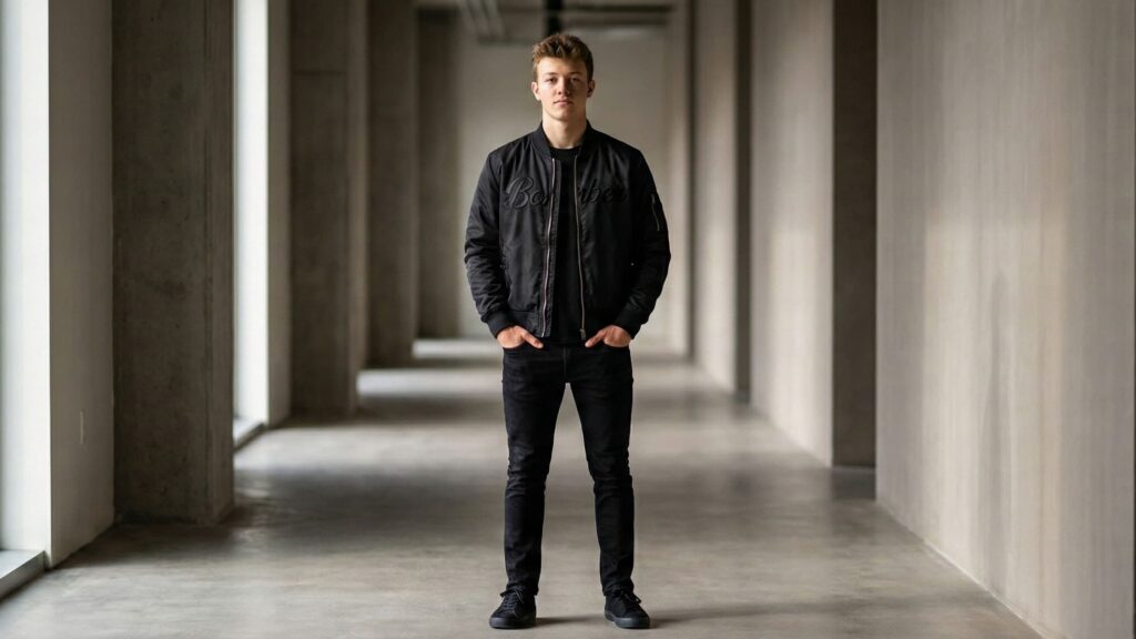 man wearing a black bomber jacket with black jeans and sneakers standing in a modern hallway