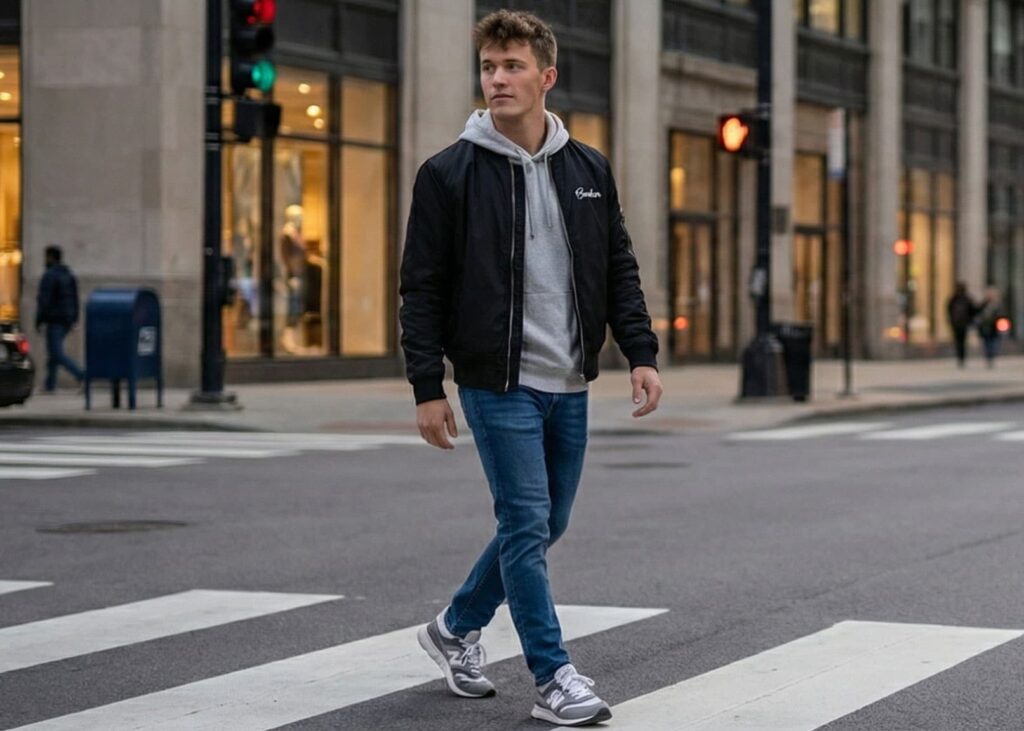 man in a black bomber jacket over a gray hoodie with jeans and sneakers walking across a city crosswalk