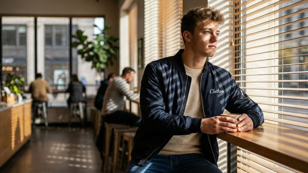 young man in navy Clothoo bomber jacket and jeans sitting by a cafe window with coffee