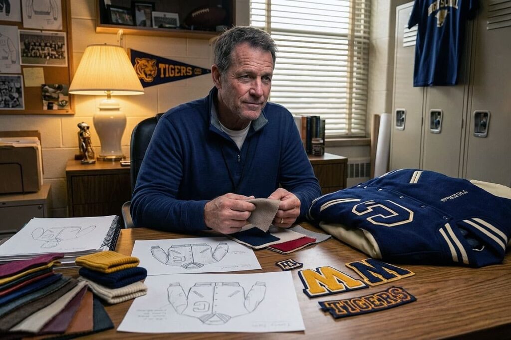 Coach planning custom varsity jacket designs with color and patch options