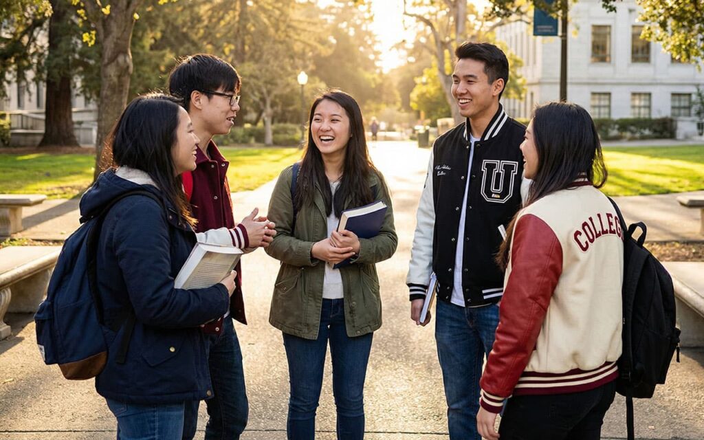 Students on campus styling varsity jackets with jeans and hoodies
