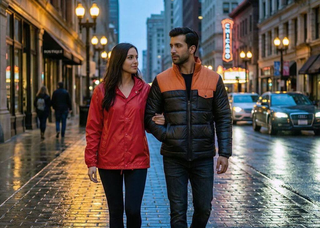 couple walking on wet city street in red coach jacket and black puffer jacket