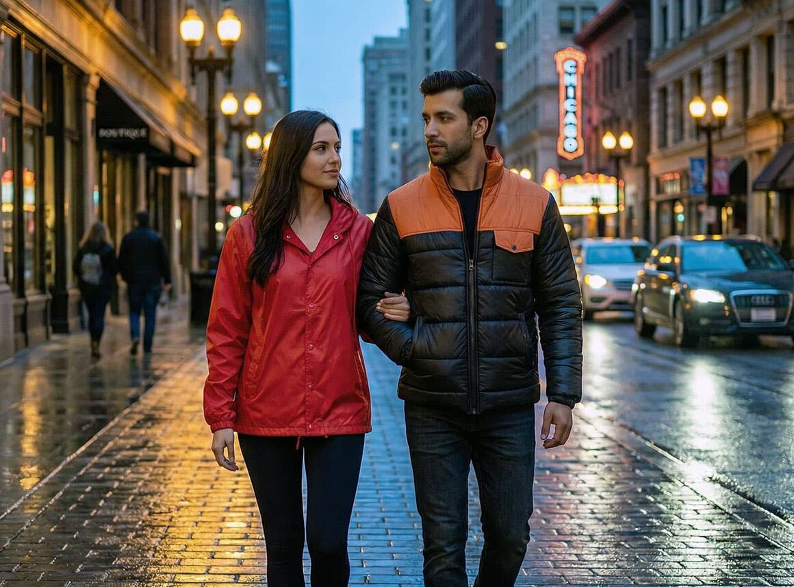 couple walking on wet city street in red coach jacket and black puffer jacket