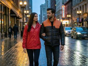 couple walking on wet city street in red coach jacket and black puffer jacket