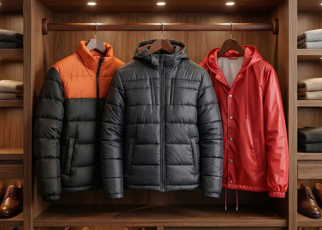 coach jacket and two puffer jackets hanging side by side in wooden closet