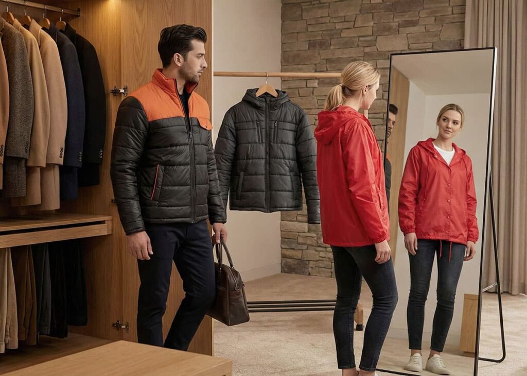 man in puffer jacket and woman in red coach jacket comparing fits in dressing room mirror