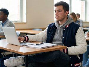 student in bomber jacket outfit sitting in college classroom