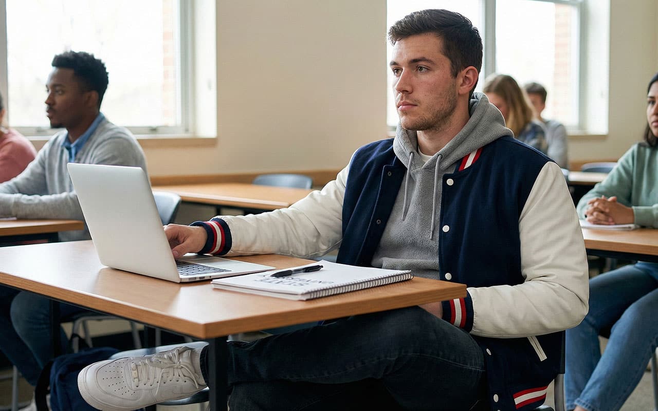 student in bomber jacket outfit sitting in college classroom