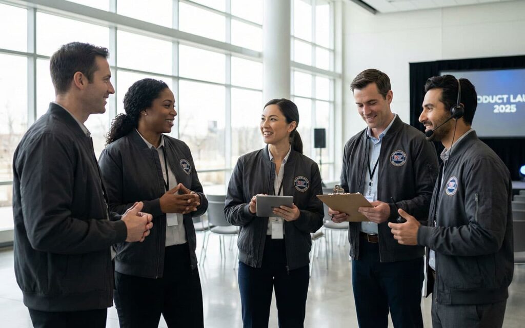 corporate event team in matching bomber jackets near stage