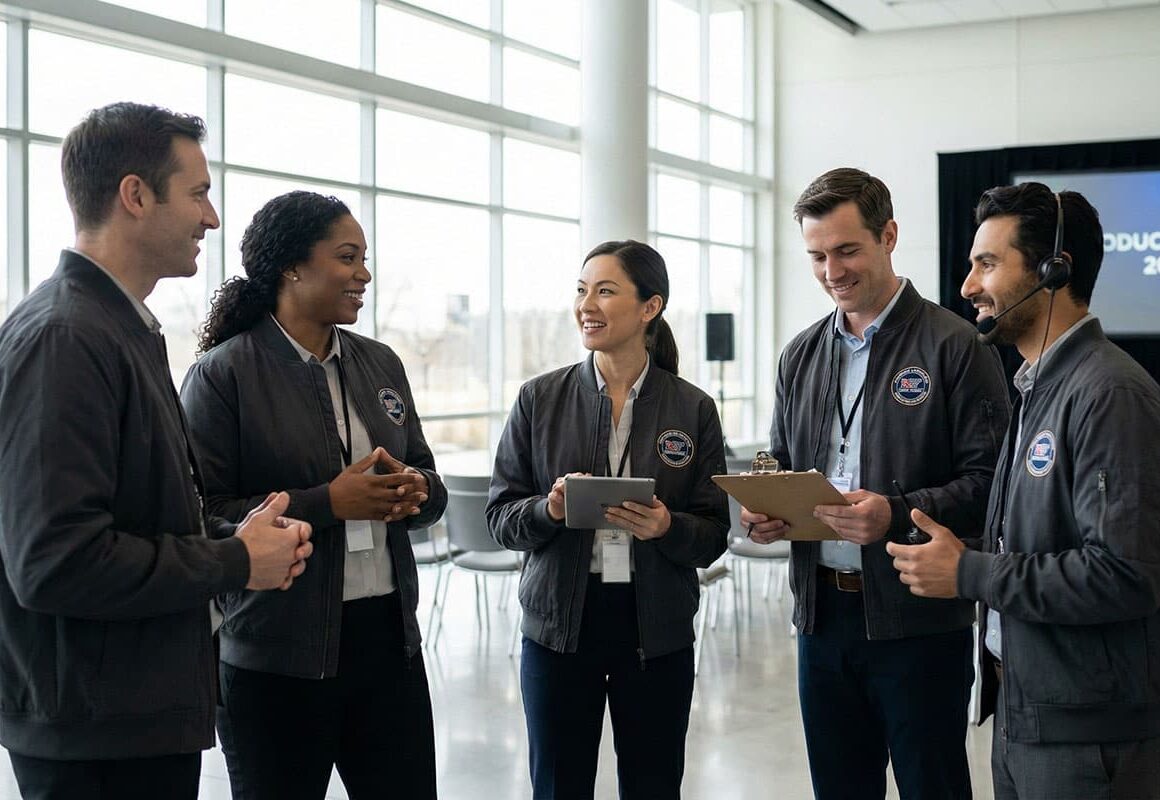 corporate event team in matching bomber jackets near stage