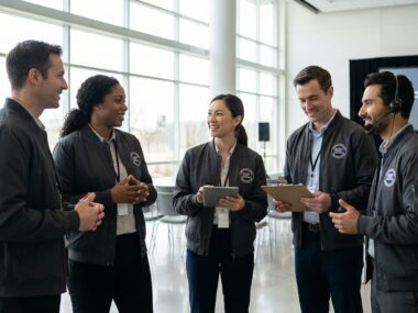 corporate event team in matching bomber jackets near stage