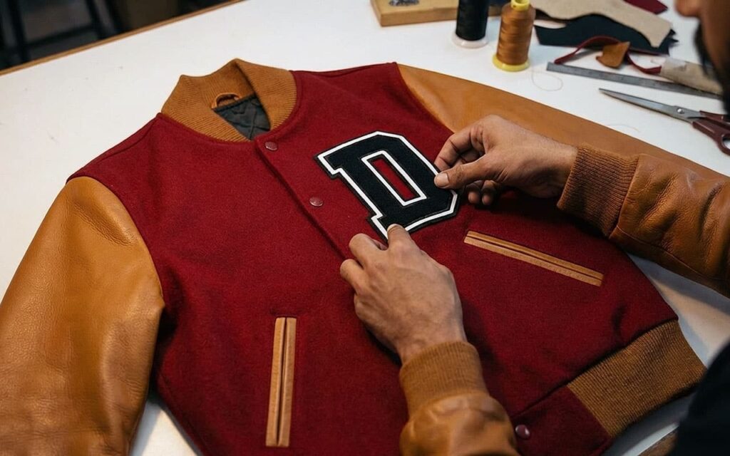 Close-up of clothing varsity jacket materials showing wool body, leather sleeve, and striped rib knit