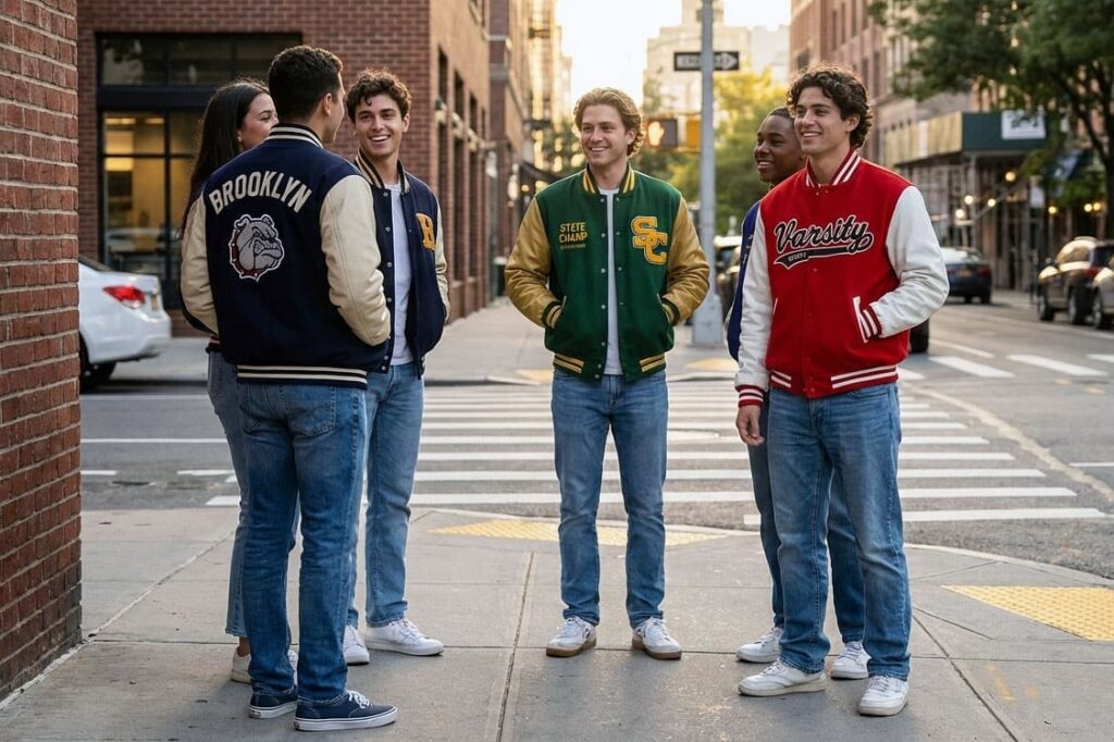 Gen Z group wearing custom varsity jackets in a U.S. city street