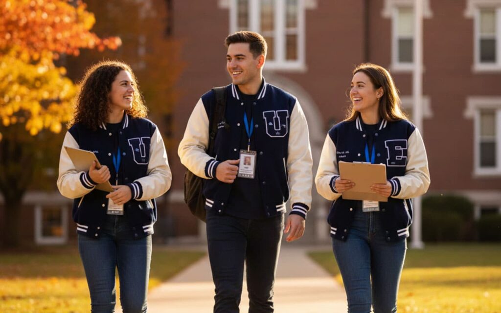 event staff walking across campus in matching navy and white jackets