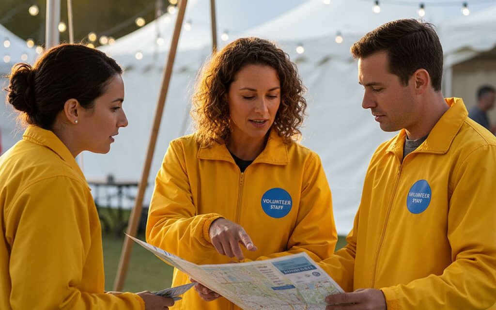 volunteers in lightweight coach jackets at information booth