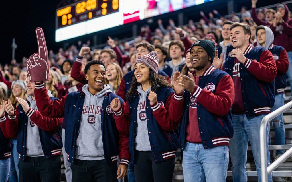 students in bomber jackets and school colors cheering in bleachers