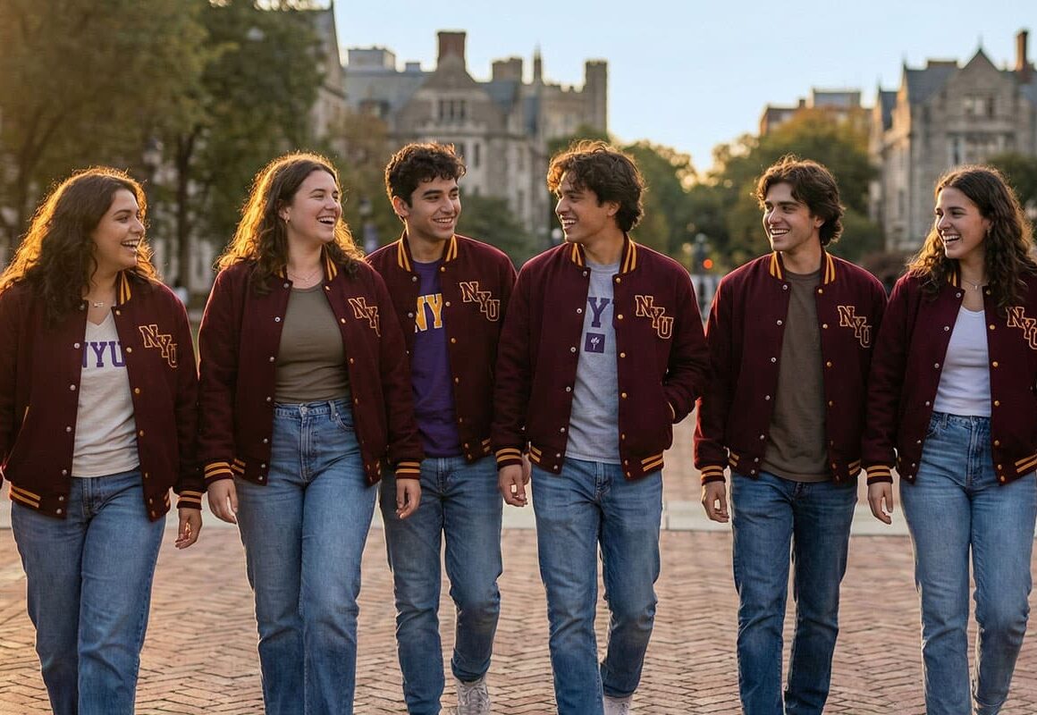 college students wearing gender-neutral letterman jackets on campus