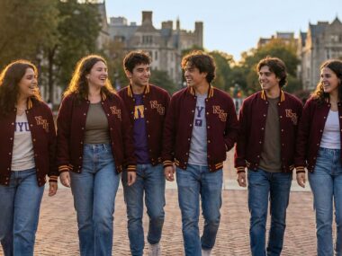 college students wearing gender-neutral letterman jackets on campus