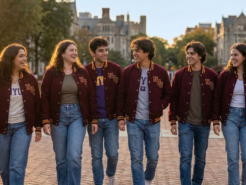 college students wearing gender-neutral letterman jackets on campus