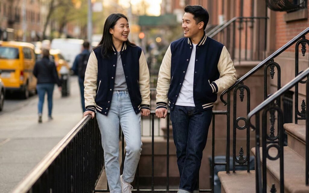 Two adult students wearing street-style varsity jackets