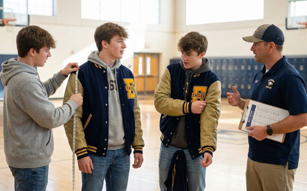 group trying on varsity jackets while checking printed size guide