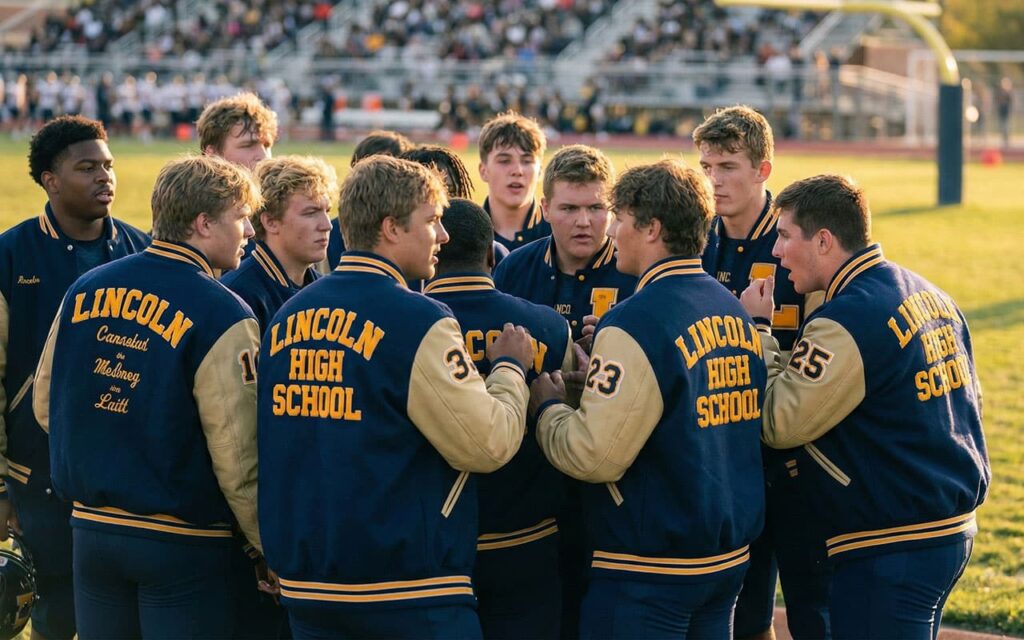 high school team huddle in matching varsity jackets near football field