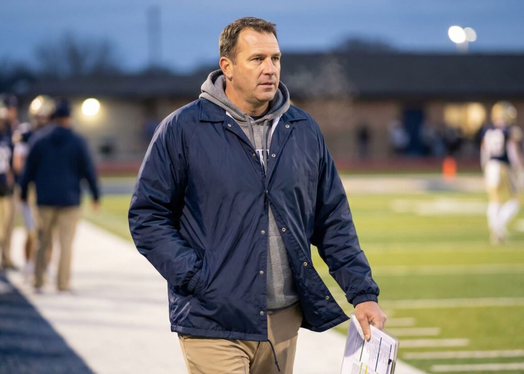 high school football coach wearing navy coach jacket on sideline