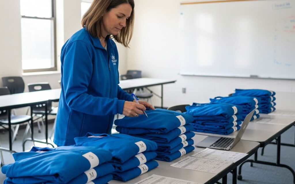 organizer sorting wholesale jackets by size on tables