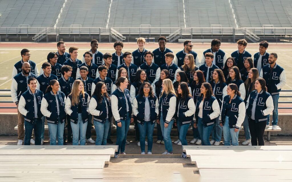 large group wearing matching varsity jackets on stadium steps