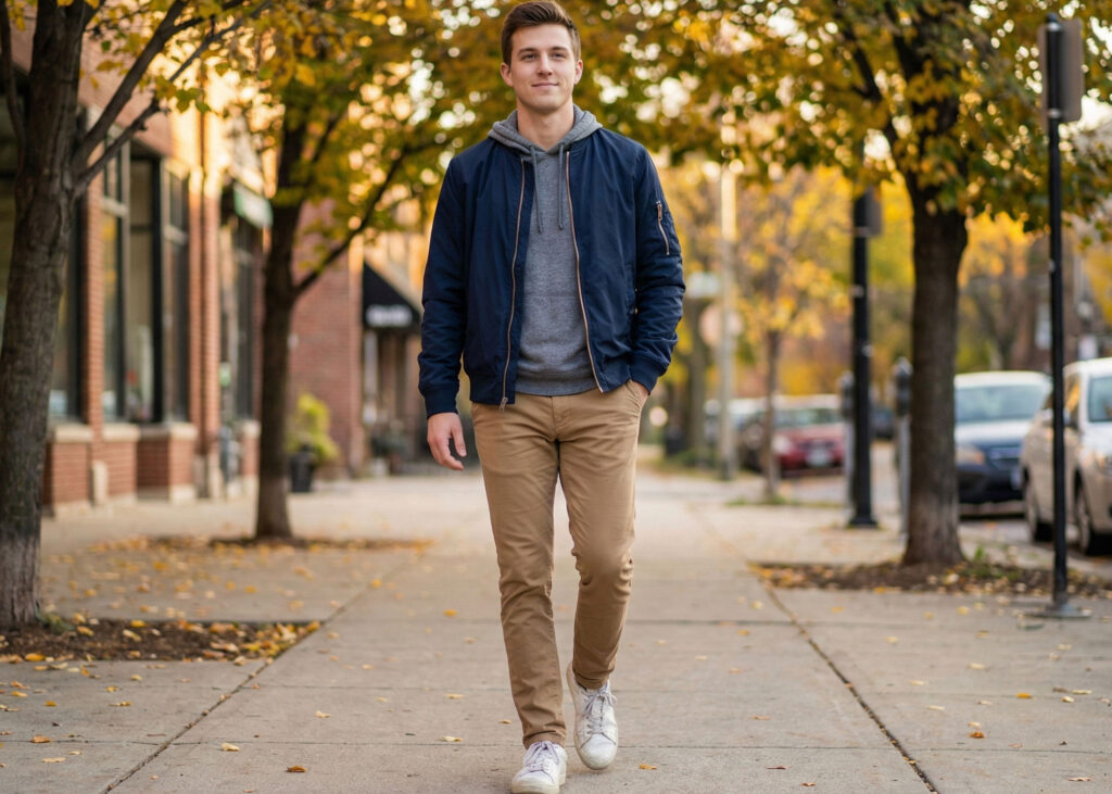 man wearing navy lightweight bomber jacket over hoodie walking on a fall city sidewalk