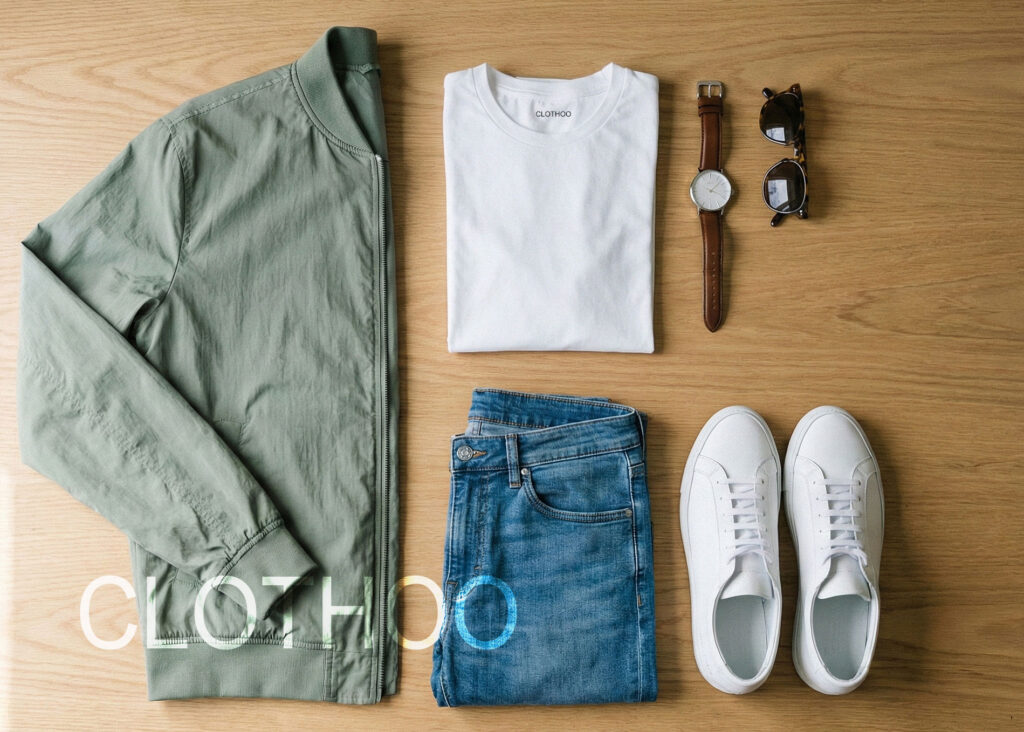 flatlay of lightweight bomber jacket with white t-shirt blue jeans white sneakers watch and sunglasses on a wooden surface