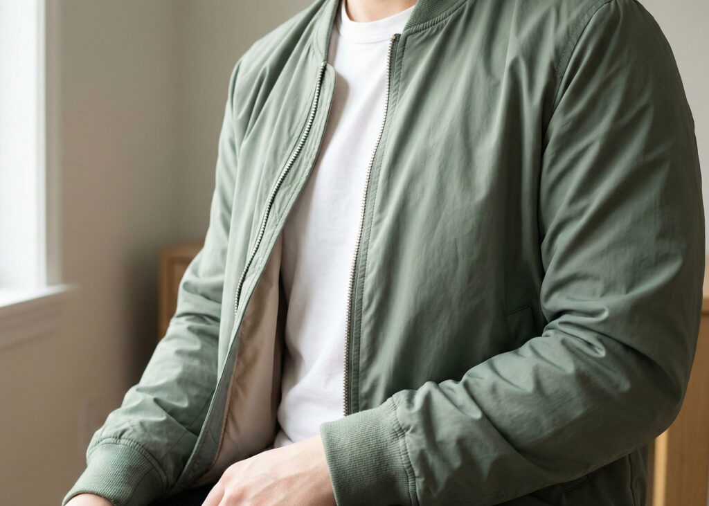 close-up of sage green lightweight bomber jacket over a white t-shirt near a bright window