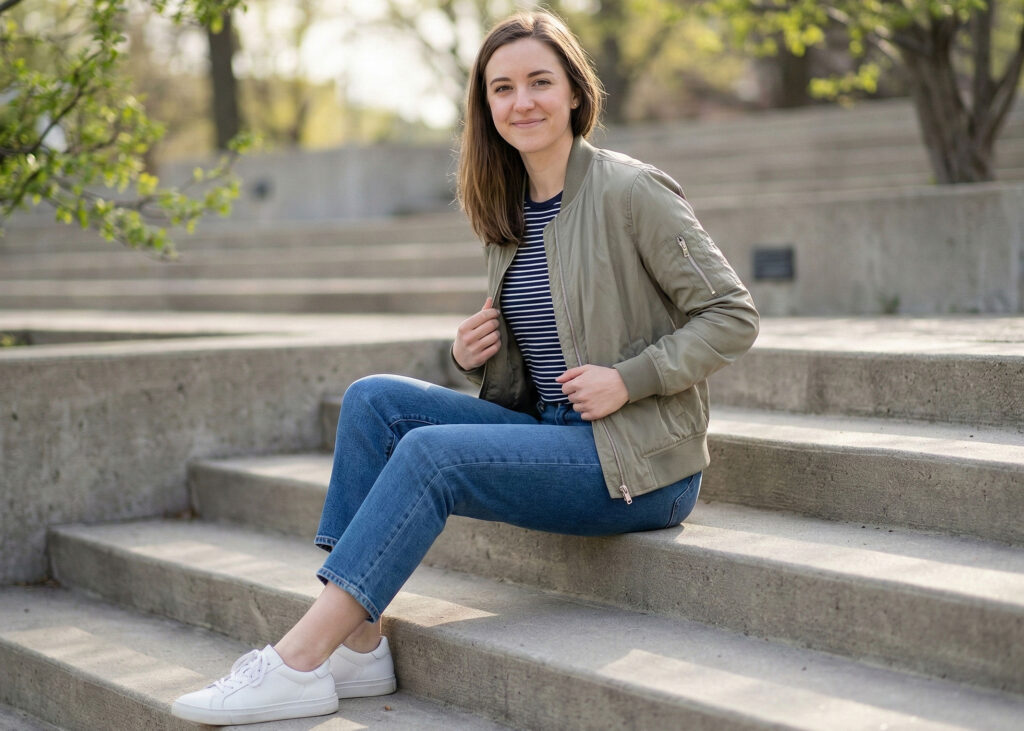 woman sitting on outdoor steps wearing a lightweight bomber jacket striped top jeans and white sneakers