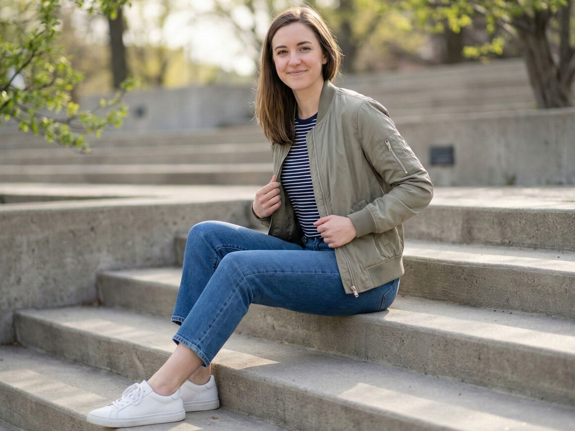 woman sitting on outdoor steps wearing a lightweight bomber jacket striped top jeans and white sneakers