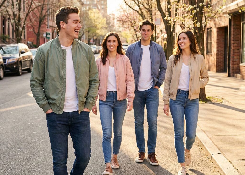 group of friends wearing lightweight bomber jackets in soft spring colors walking down a city street
