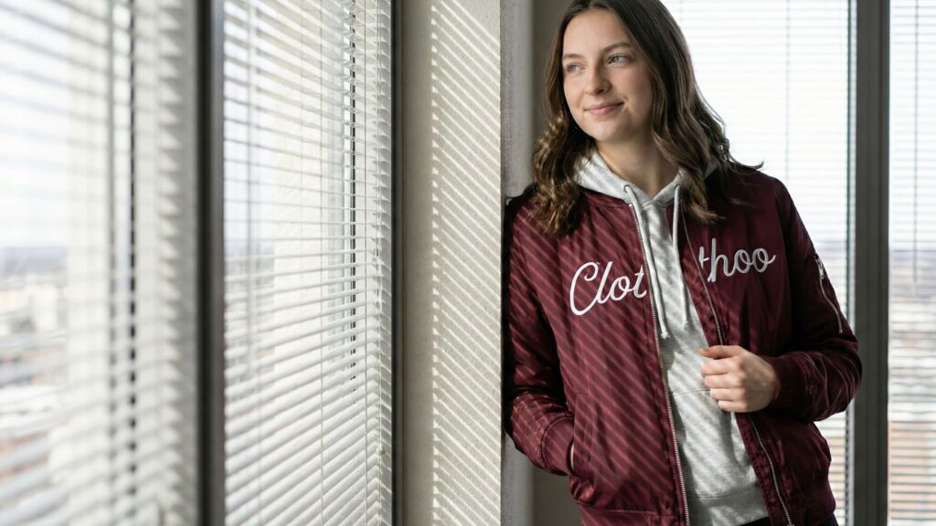 woman in a maroon Clothoo bomber jacket layered over a gray hoodie standing by an office window