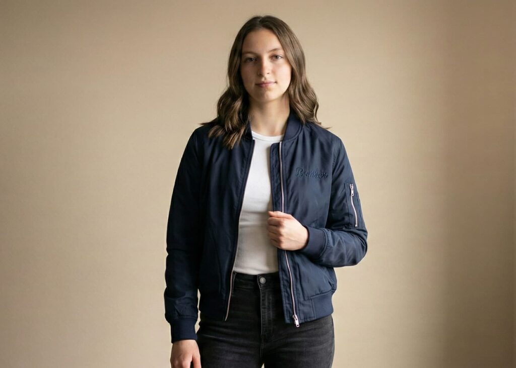 woman wearing a navy bomber jacket with a white T-shirt and black jeans against a plain background