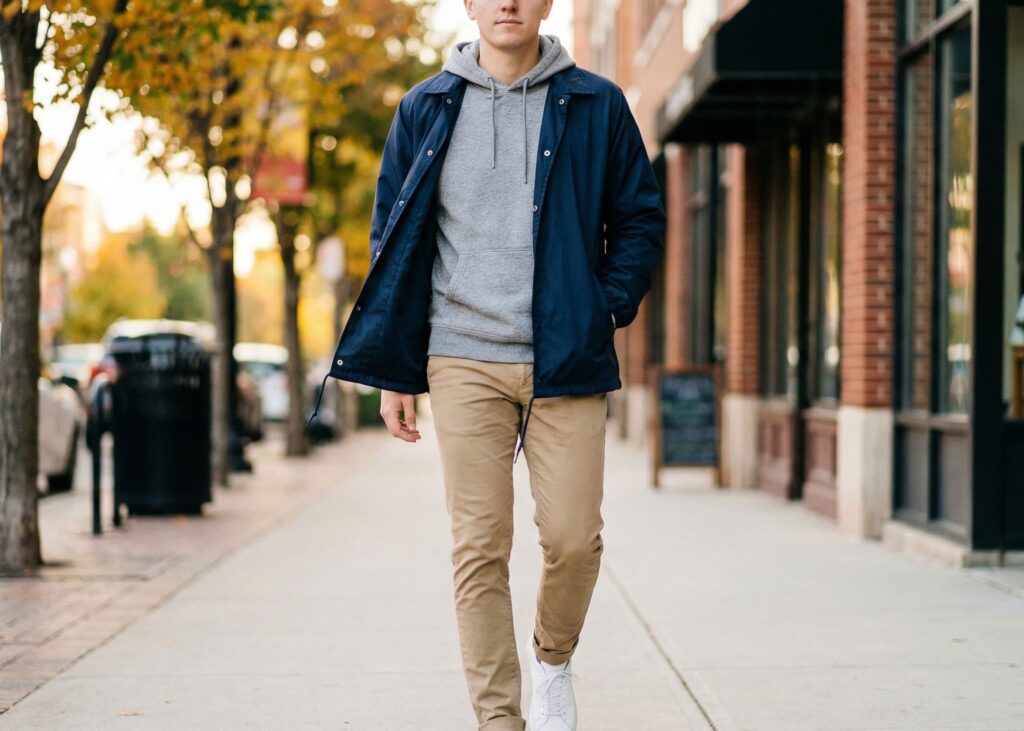 person wearing navy coach jacket and hoodie walking on city sidewalk