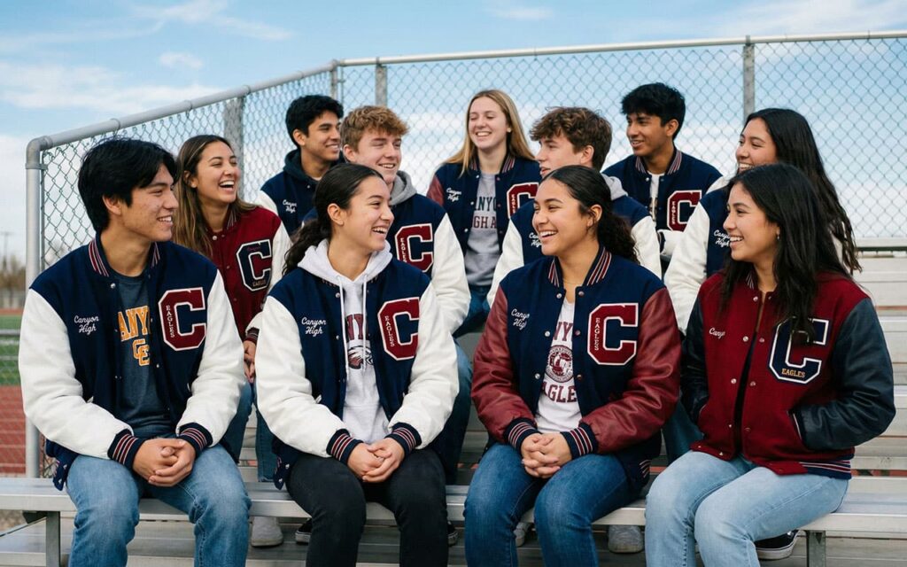 students in school-color varsity jackets sitting on bleachers before game