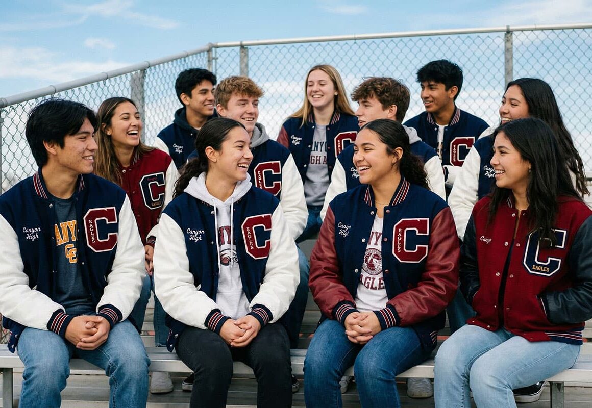 students in school-color varsity jackets sitting on bleachers before game