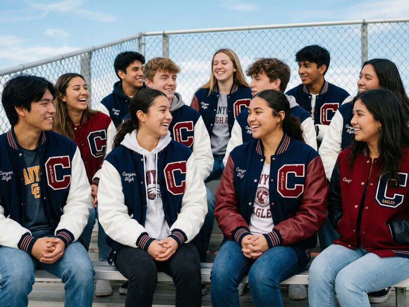 students in school-color varsity jackets sitting on bleachers before game