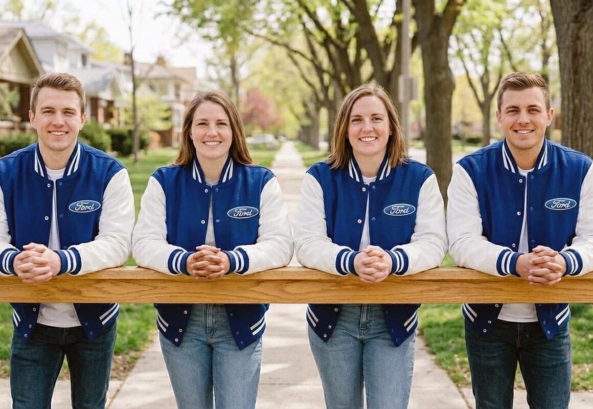 Ford company workers wearing clothing varsity jackets as streetwear in a U.S. city