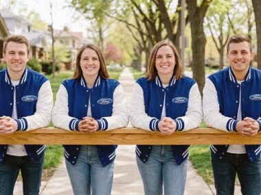 Ford company workers wearing clothing varsity jackets as streetwear in a U.S. city