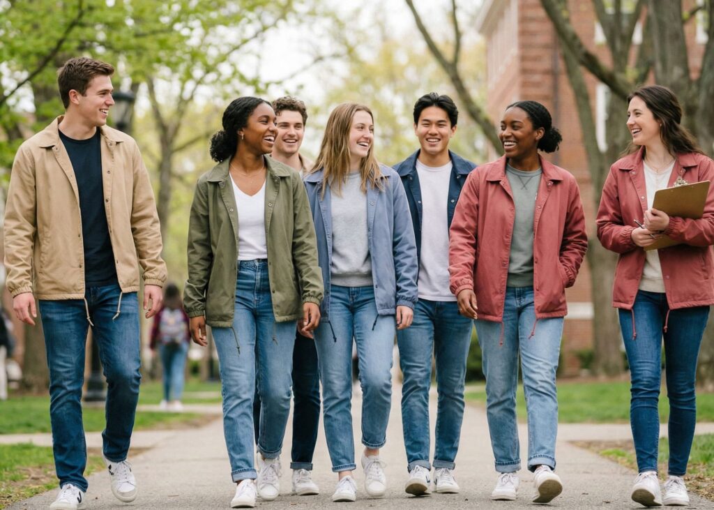 college students walking on campus wearing different color coach jackets