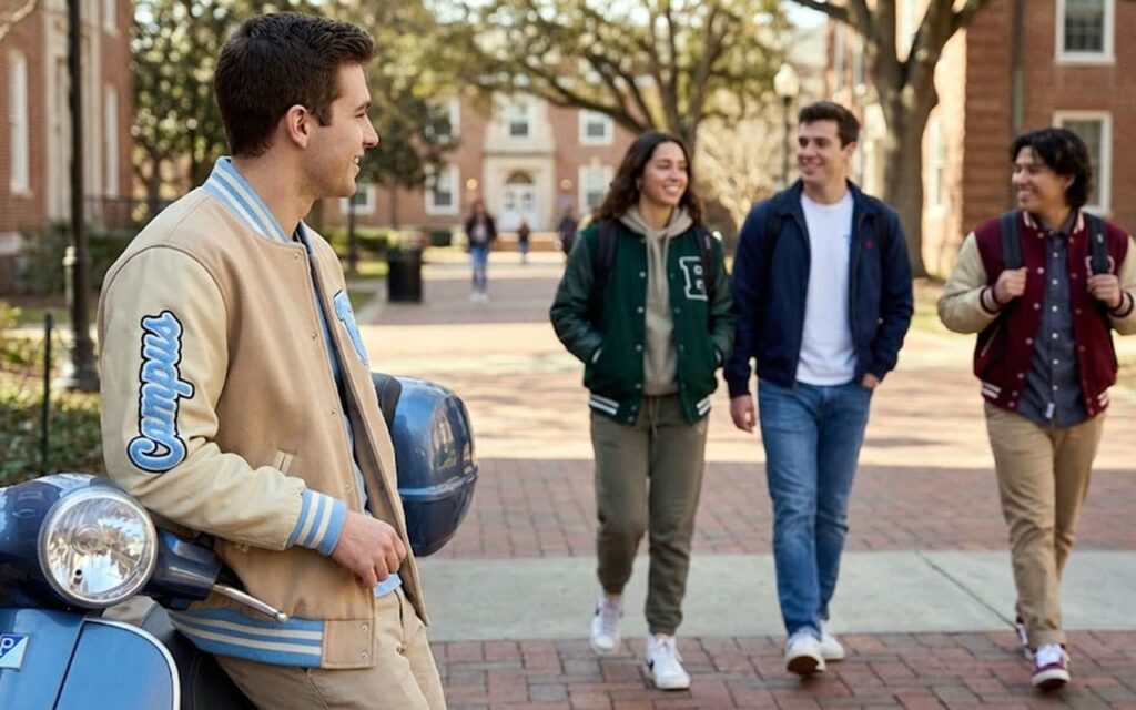 Students styling clothing varsity jackets with jeans, hoodies, and sneakers on campus