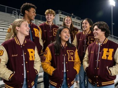 High school students in the USA wearing custom varsity jackets at a night game