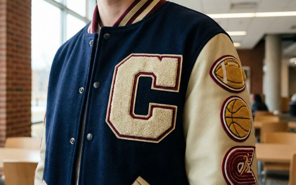 close-up of chenille letter and award patches on school jacket