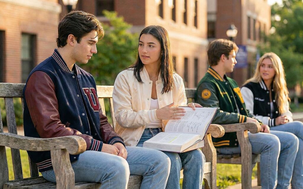 large group wearing matching varsity jackets on ground benches.