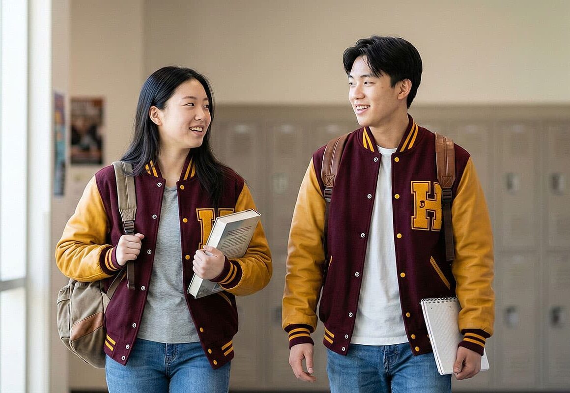 students wearing varsity-style jackets walking in a bright school hallway